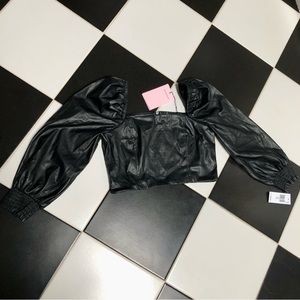 NWT Avec Les Filles Faux Leather Black Crop Top Smocked Puffy Balloon Sleeves M